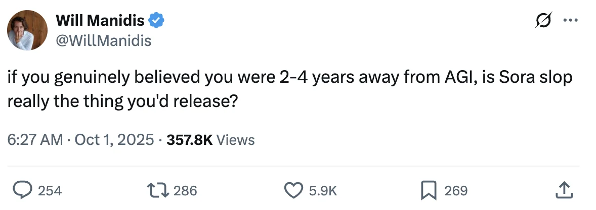 Will Manidis tweet questioning OpenAI's priorities if AGI is near