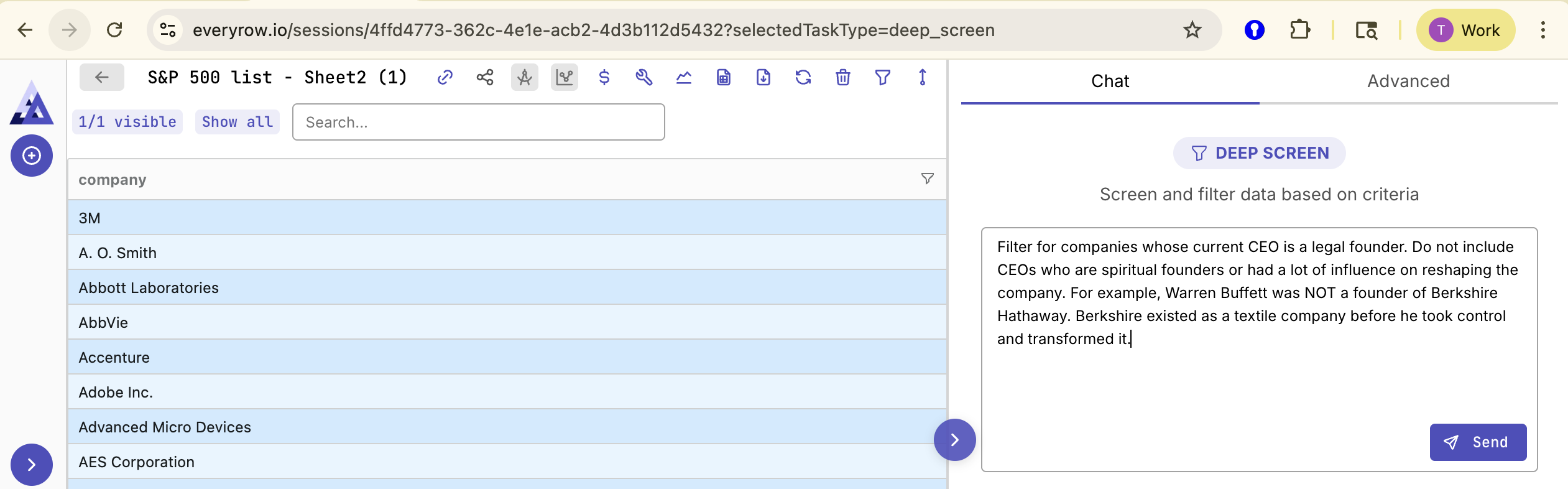 everyrow.io Deep Screen interface showing the S&P 500 list and filtering prompt