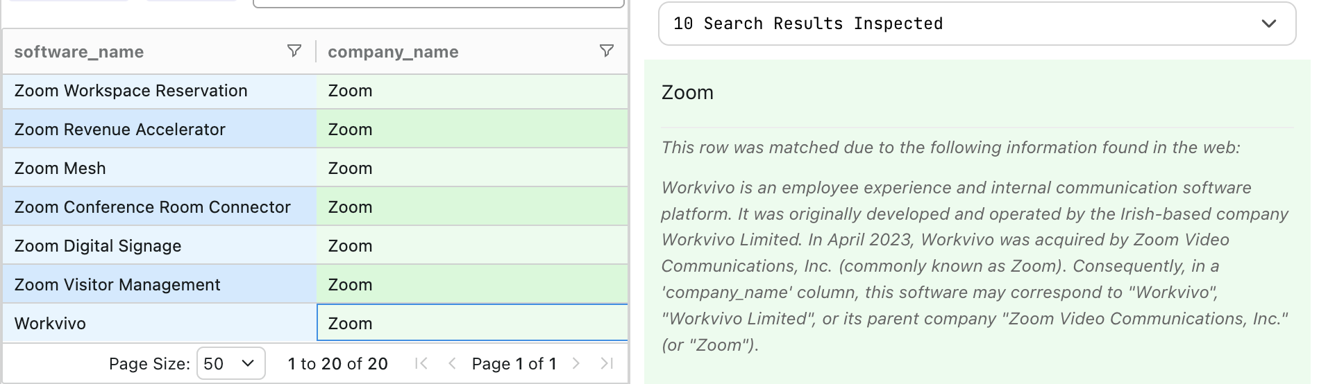 Screenshot showing Workvivo matched to Zoom with AI explanation