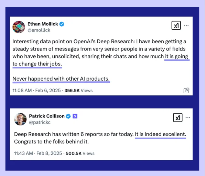 Positive reaction to OpenAI Deep Research on social media